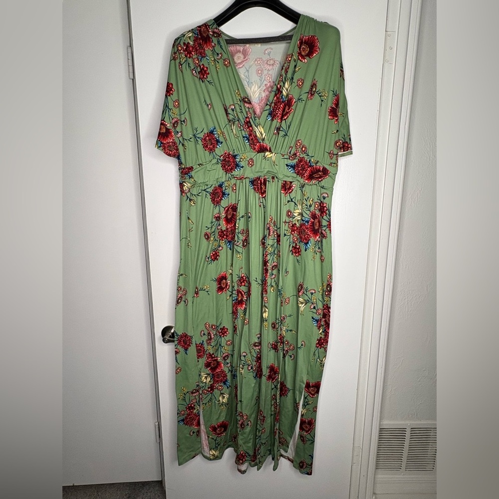 Kiyonna Olive Dress with Red and Blue Floral Design